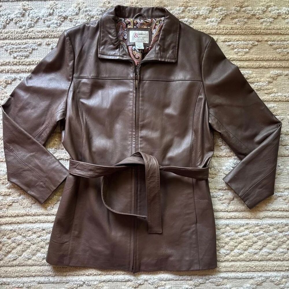 Madison & Max Genuine Leather Trench Coat Brown Longline Belted Paisley XL